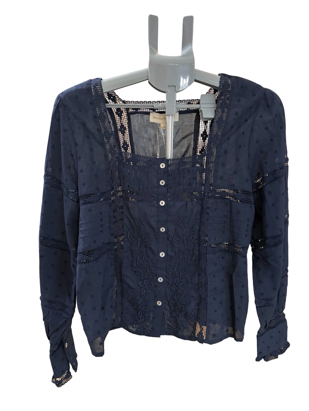 Navy Eyelet Button-Front Cotton Blouse